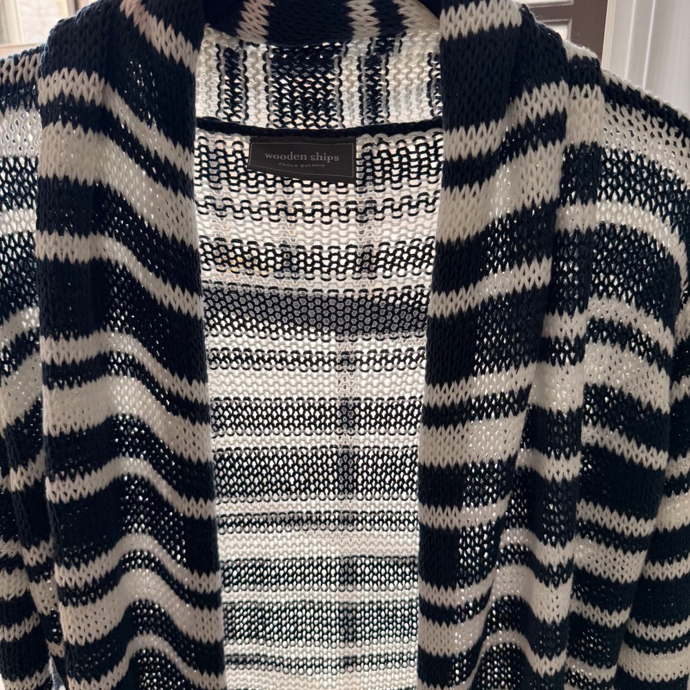Wooden Ships Coastal Striped Beachy Open Front Cardigan Sweater M/L Navy Stripe‎ - Picture 11 of 12